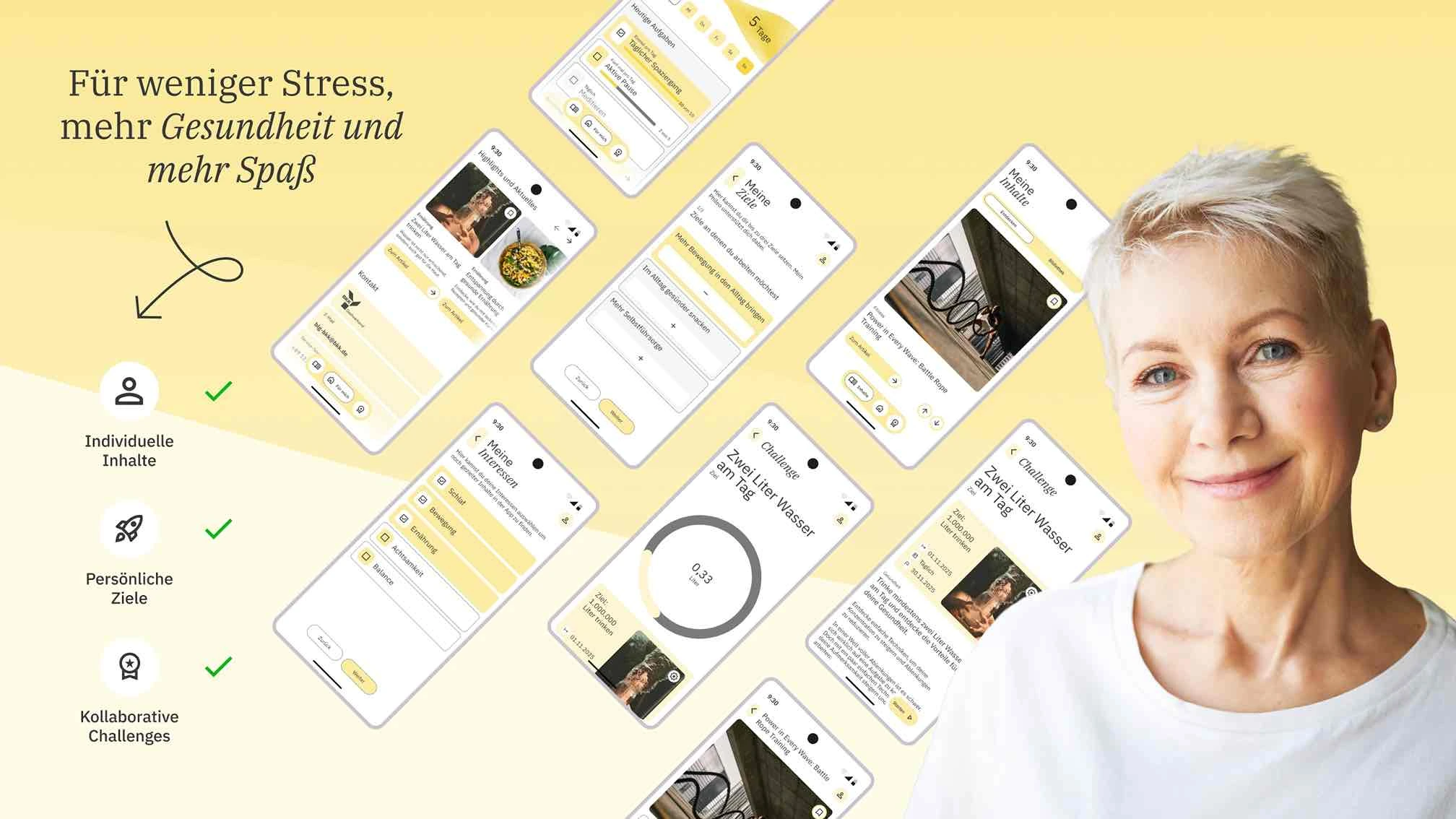 Mein Phileo App von der BKK Abbildung der App-Screens und der Aussage für weniger Stress, mehr Gesundheit und mehr Spass