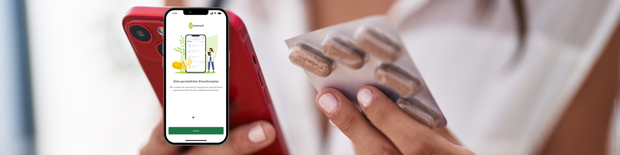 Screen Vita Moment App and hand holding pills